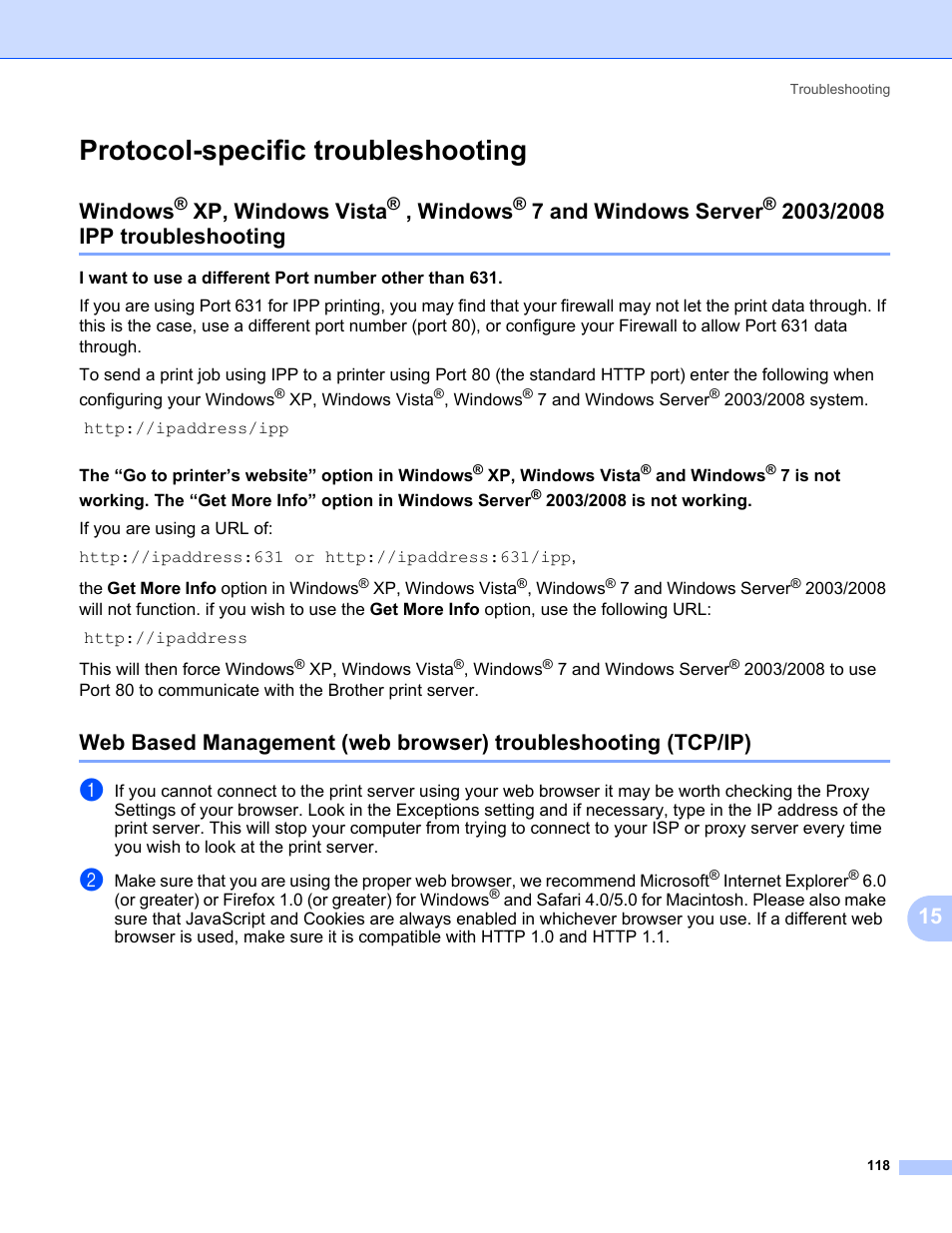 Protocol-specific troubleshooting, Windows, Xp, windows vista | 7 and windows server, 2003/2008 ipp, Troubleshooting | Brother HL-3075CW User Manual | Page 128 / 143