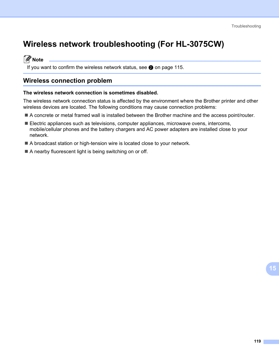 Wireless network troubleshooting (for hl-3075cw), Wireless connection problem | Brother HL-3075CW User Manual | Page 129 / 143