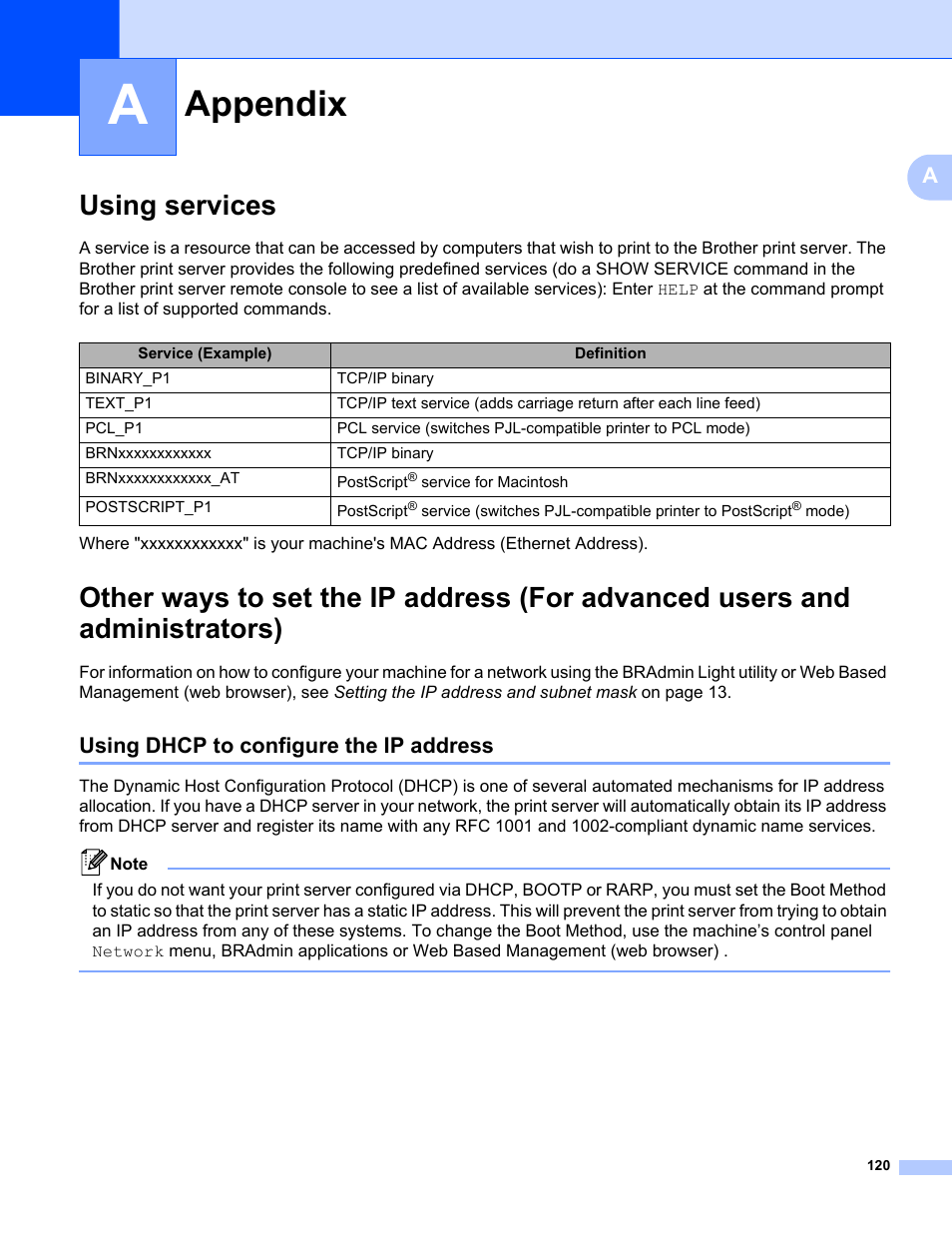 A appendix, Using services, Using dhcp to configure the ip address | Appendix | Brother HL-3075CW User Manual | Page 130 / 143