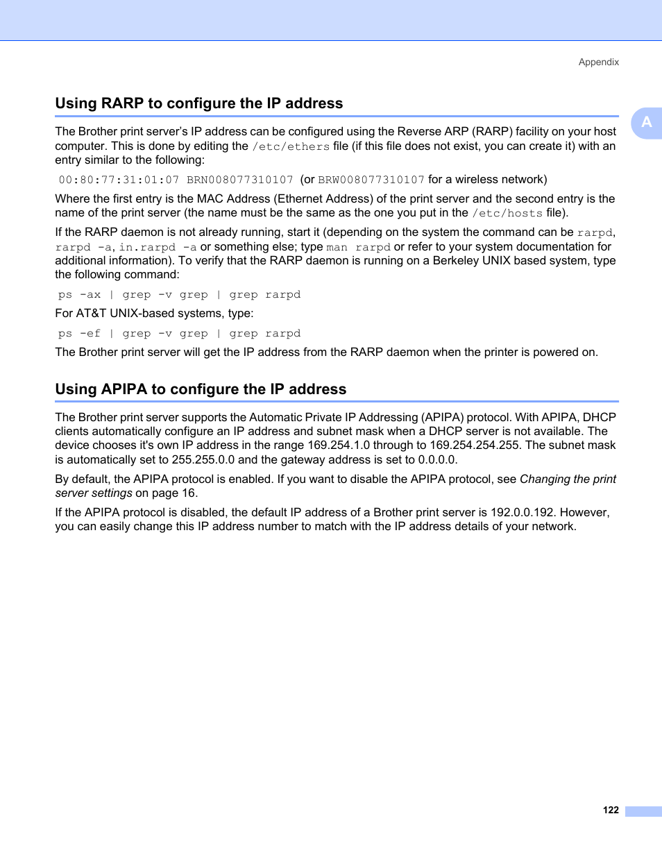 Using rarp to configure the ip address, Using apipa to configure the ip address, Ausing rarp to configure the ip address | Brother HL-3075CW User Manual | Page 132 / 143