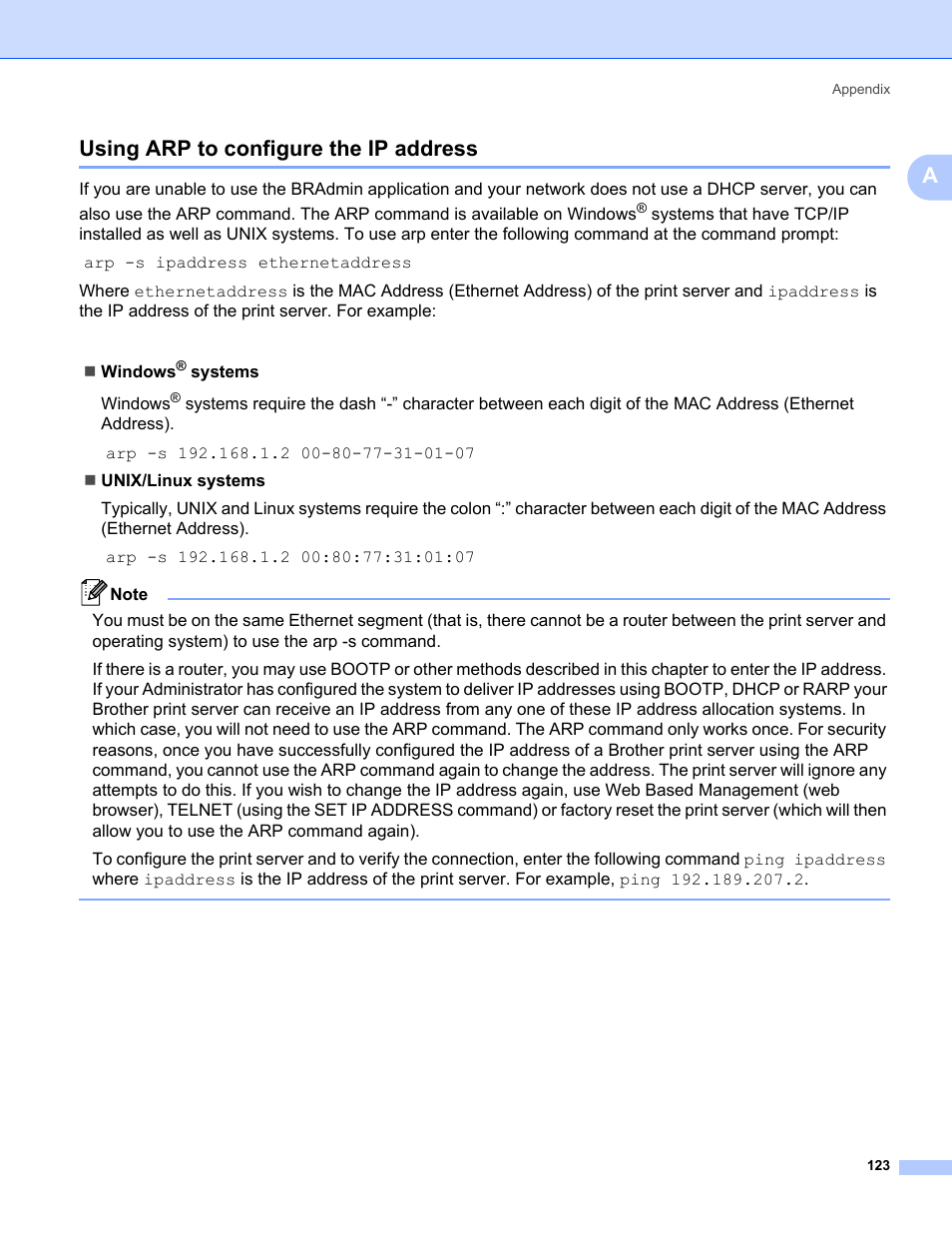 Using arp to configure the ip address, Ausing arp to configure the ip address | Brother HL-3075CW User Manual | Page 133 / 143