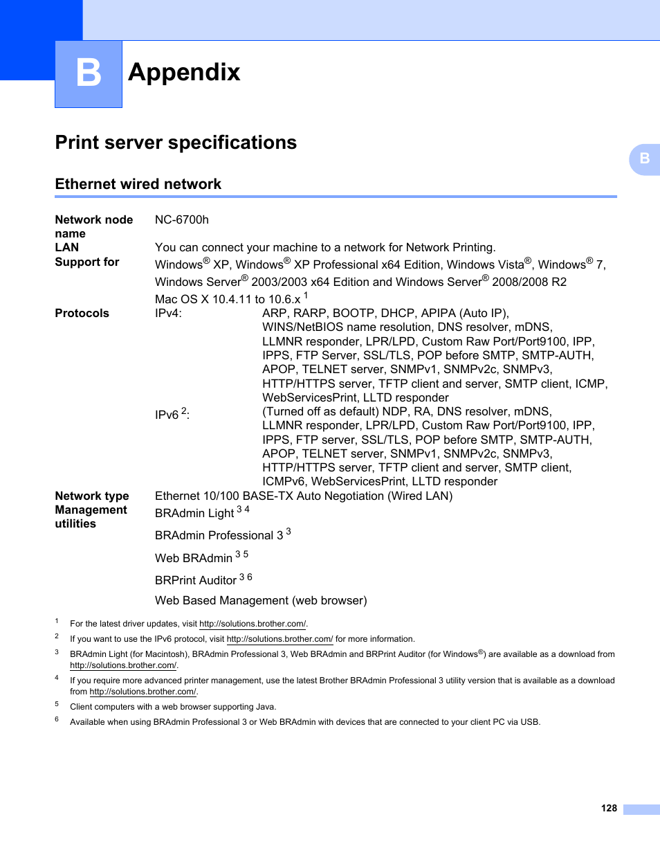 B appendix, Print server specifications, Ethernet wired network | Appendix | Brother HL-3075CW User Manual | Page 138 / 143