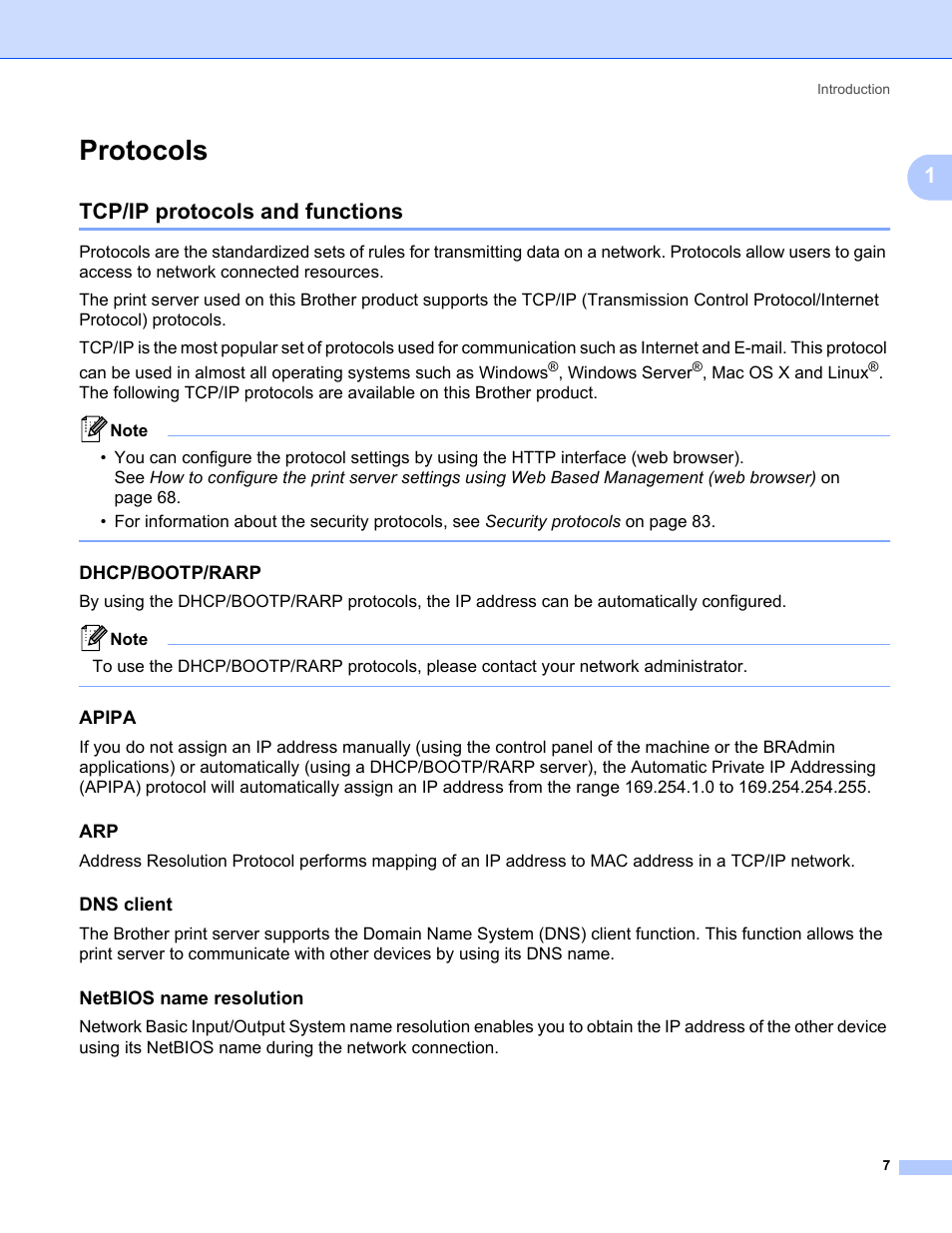 Protocols, Tcp/ip protocols and functions, Dhcp/bootp/rarp | Apipa, Dns client, Netbios name resolution, Windows server, Mac os x and linux | Brother HL-3075CW User Manual | Page 17 / 143