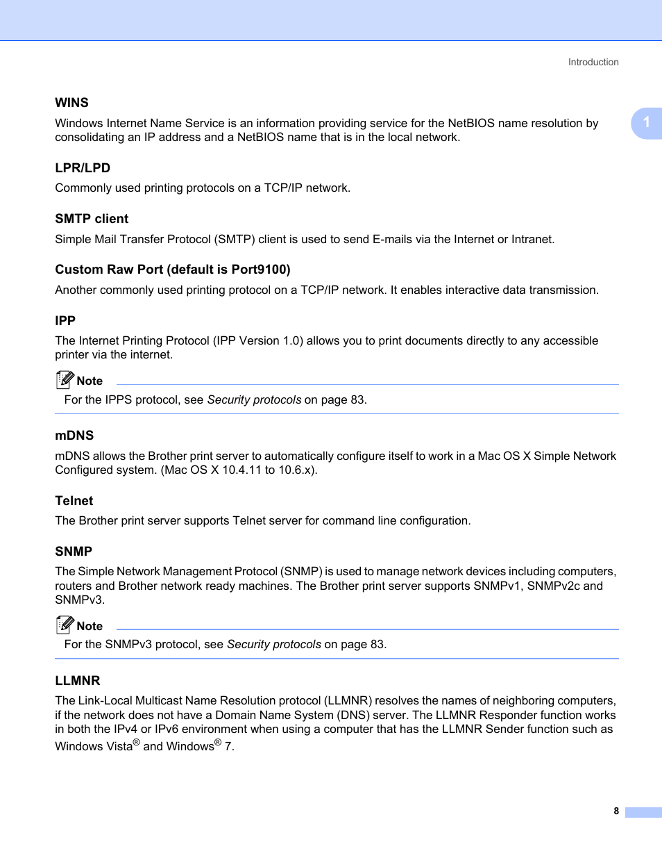 Wins, Lpr/lpd, Smtp client | Custom raw port (default is port9100), Mdns, Telnet, Snmp, Llmnr, And windows | Brother HL-3075CW User Manual | Page 18 / 143