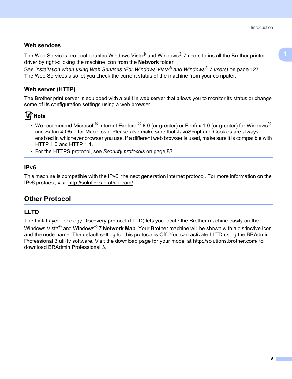 Web services, Web server (http), Ipv6 | Other protocol, Lltd | Brother HL-3075CW User Manual | Page 19 / 143