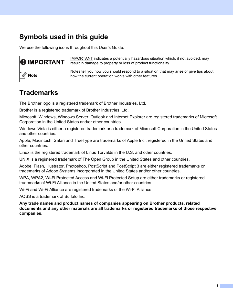 Symbols used in this guide, Trademarks | Brother HL-3075CW User Manual | Page 2 / 143