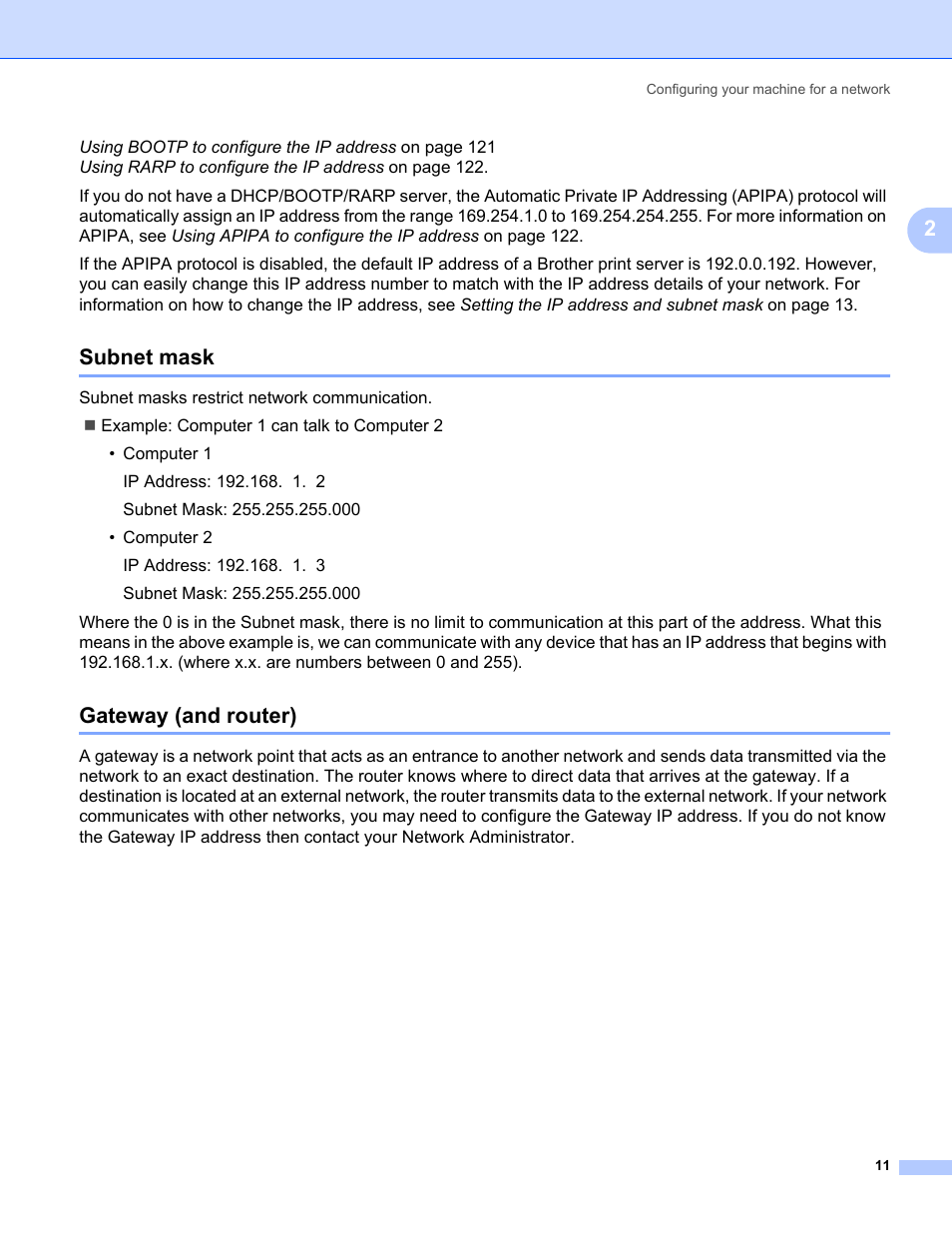 Subnet mask, Gateway (and router), Subnet mask gateway (and router) | Brother HL-3075CW User Manual | Page 21 / 143