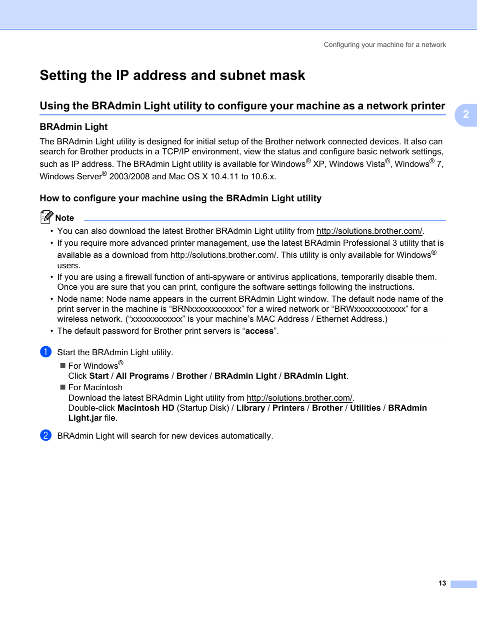 Setting the ip address and subnet mask, Bradmin light | Brother HL-3075CW User Manual | Page 23 / 143