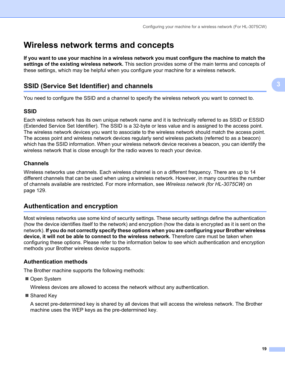 Wireless network terms and concepts, Ssid (service set identifier) and channels, Ssid | Channels, Authentication and encryption, Authentication methods | Brother HL-3075CW User Manual | Page 29 / 143