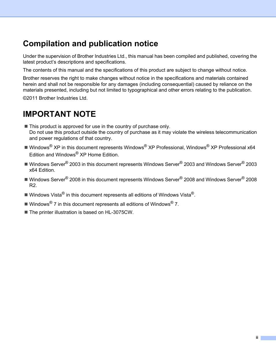 Compilation and publication notice | Brother HL-3075CW User Manual | Page 3 / 143