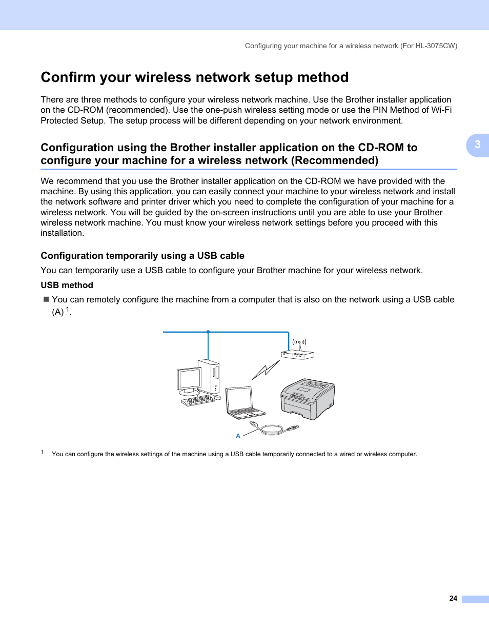 Confirm your wireless network setup method, Configuration temporarily using a usb cable, Machine for a wireless network (recommended) | Brother HL-3075CW User Manual | Page 34 / 143