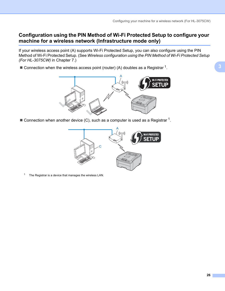 For a wireless network (infrastructure mode only) | Brother HL-3075CW User Manual | Page 36 / 143