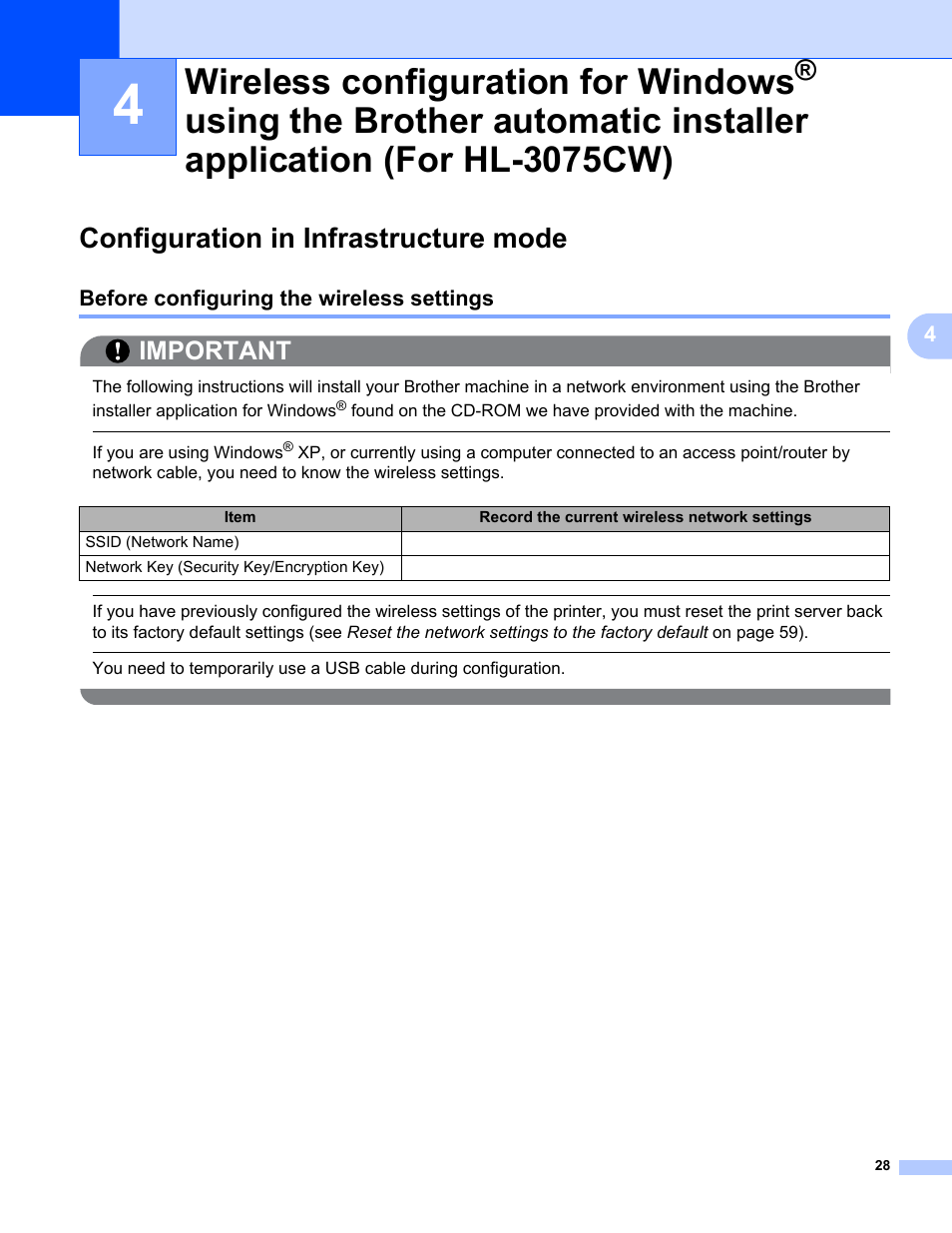 Configuration in infrastructure mode, Before configuring the wireless settings, Wireless configuration for windows | Using the brother automatic installer, Application (for hl-3075cw), Using the brother automatic installer application, For hl-3075cw) in chapter 4, Important | Brother HL-3075CW User Manual | Page 38 / 143