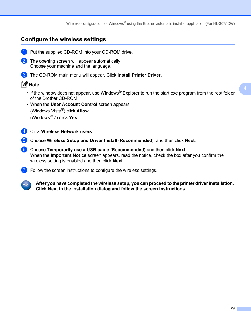 Configure the wireless settings, 4configure the wireless settings | Brother HL-3075CW User Manual | Page 39 / 143