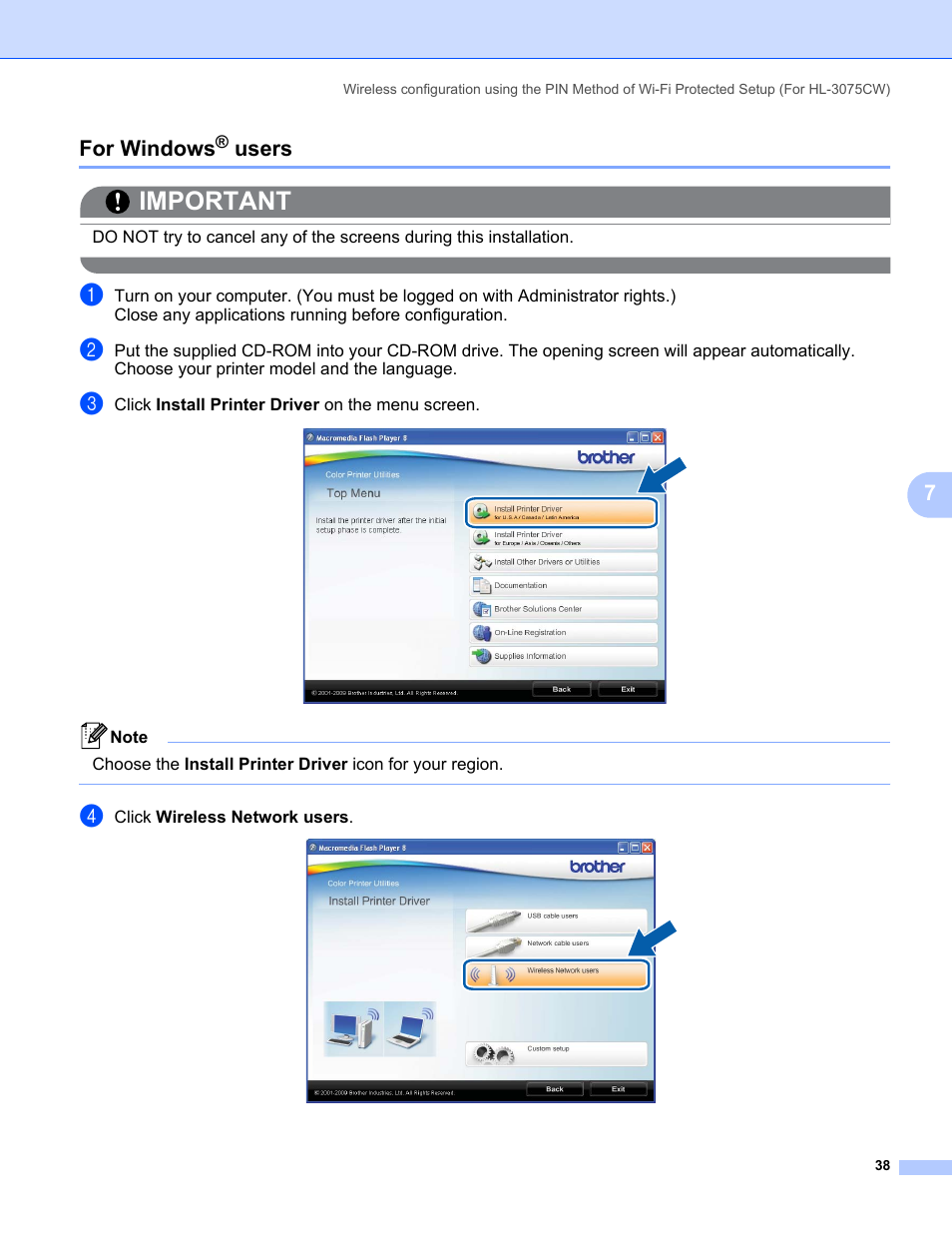 For windows® users, For windows, Users | Important, 7for windows | Brother HL-3075CW User Manual | Page 48 / 143