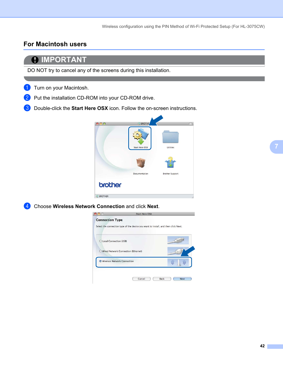 For macintosh users, Important, 7for macintosh users | Brother HL-3075CW User Manual | Page 52 / 143