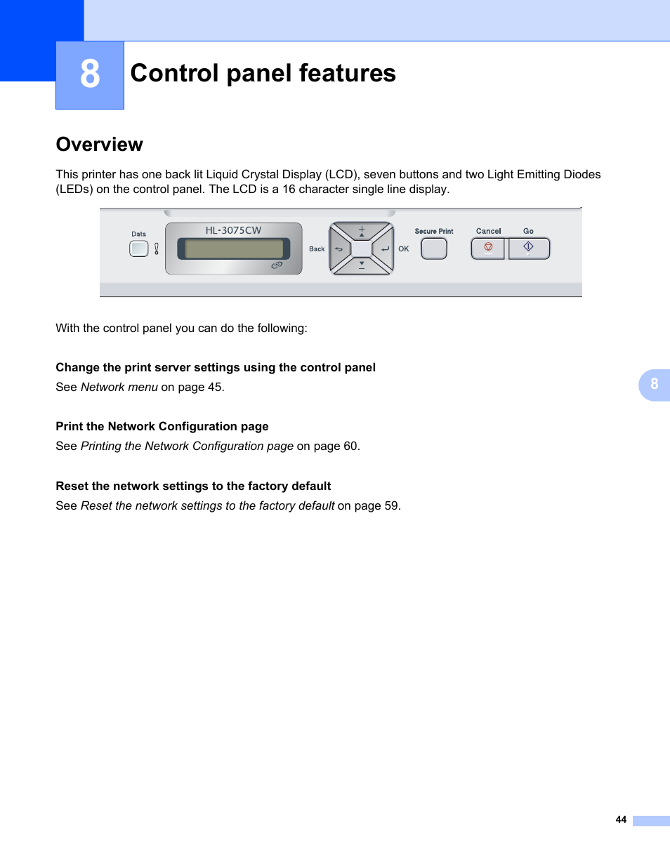 8 control panel features, Overview, Control panel features | Brother HL-3075CW User Manual | Page 54 / 143