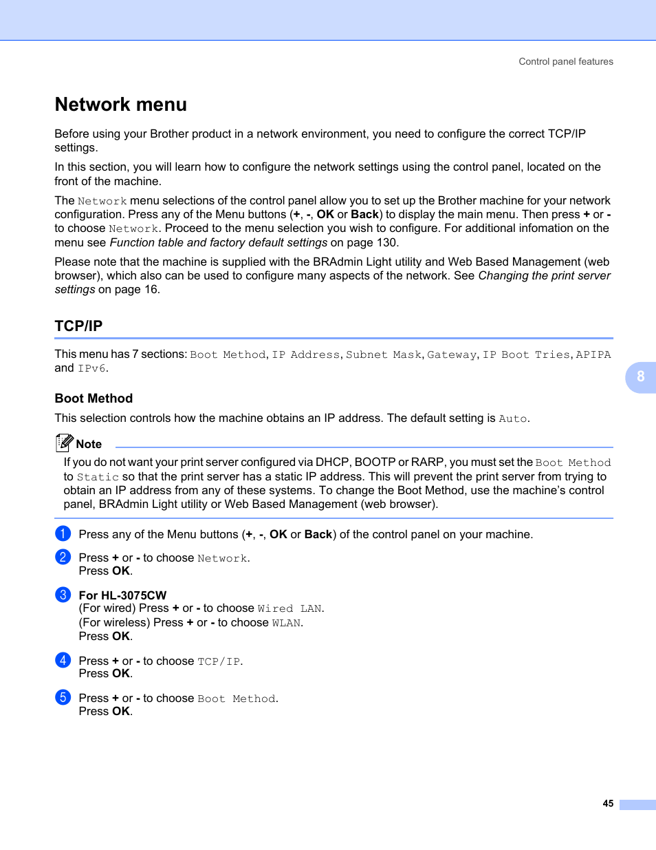 Network menu, Tcp/ip, Boot method | Brother HL-3075CW User Manual | Page 55 / 143