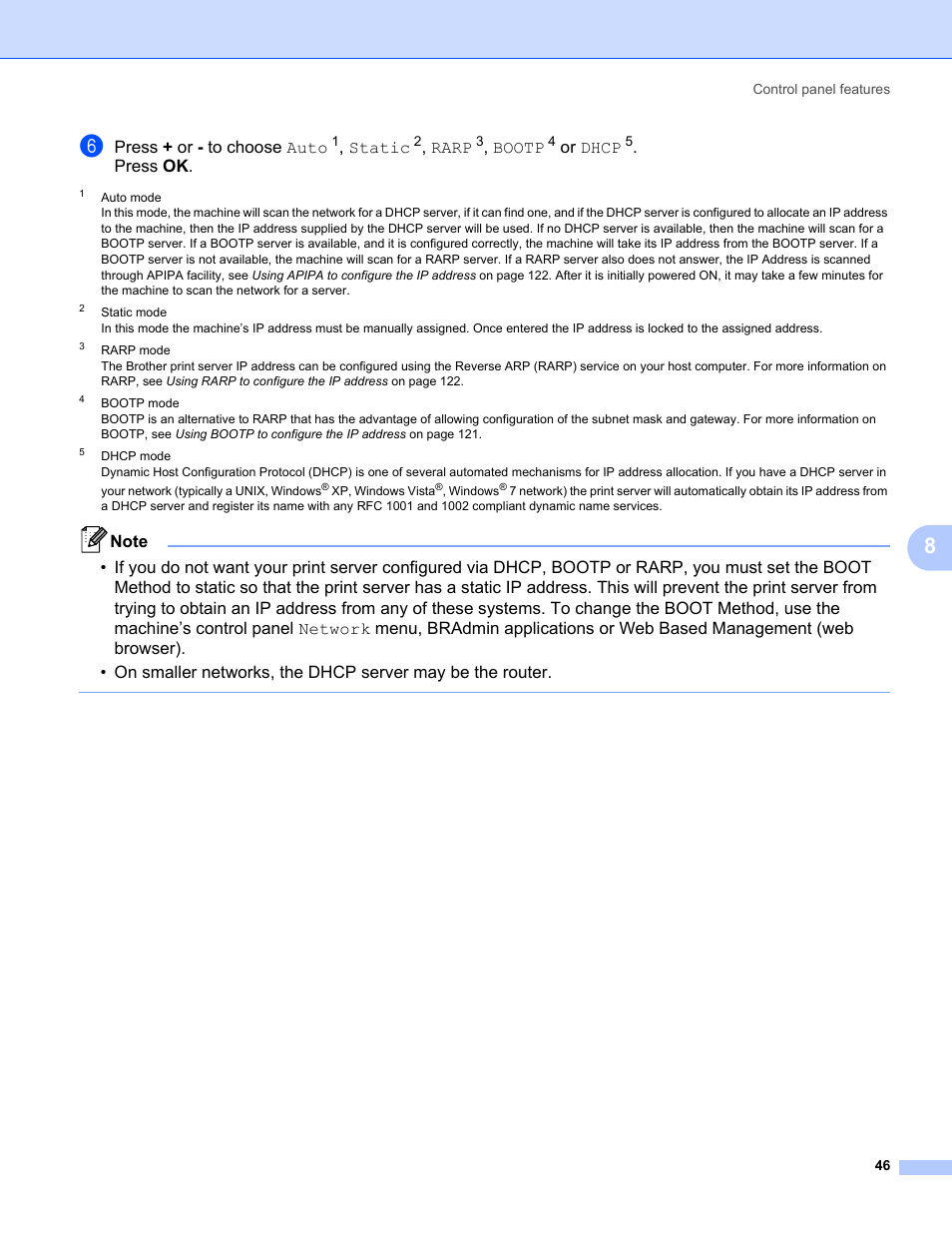 Press + or - to choose auto, Sta tic, Rarp | Bootp, Or dhcp, Press ok | Brother HL-3075CW User Manual | Page 56 / 143