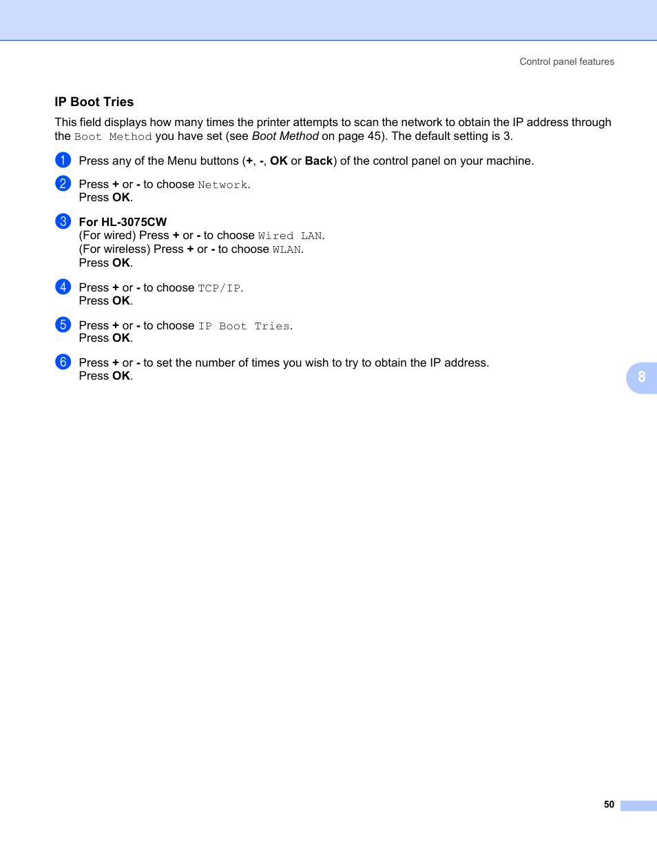 Ip boot tries | Brother HL-3075CW User Manual | Page 60 / 143