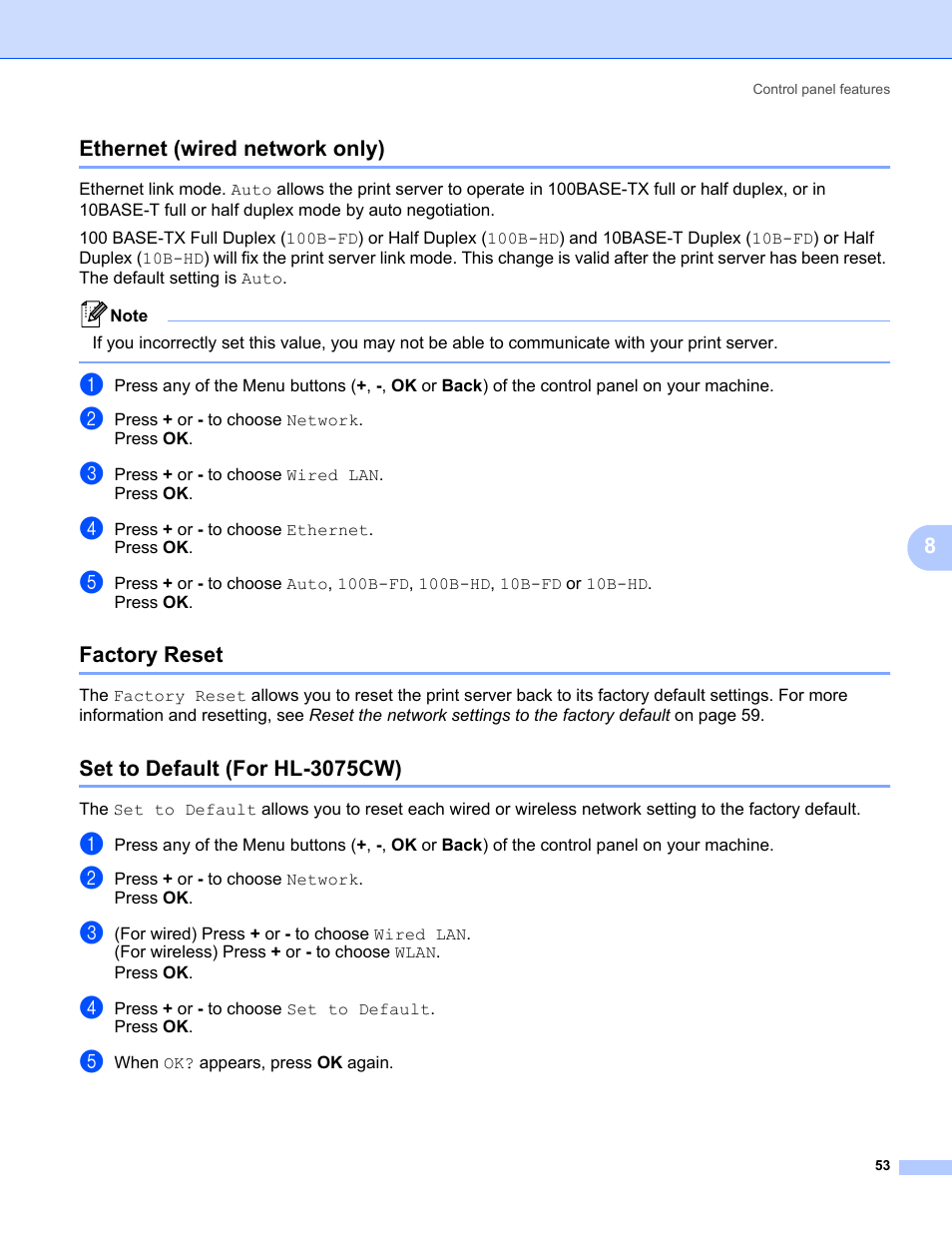 Ethernet (wired network only), Factory reset, Set to default (for hl-3075cw) | 8ethernet (wired network only) | Brother HL-3075CW User Manual | Page 63 / 143