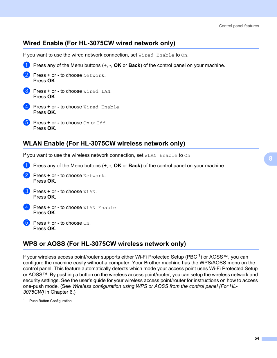 Wired enable (for hl-3075cw wired network only), Wlan enable (for hl-3075cw wireless network only), Wps or aoss (for hl-3075cw wireless network only) | Brother HL-3075CW User Manual | Page 64 / 143