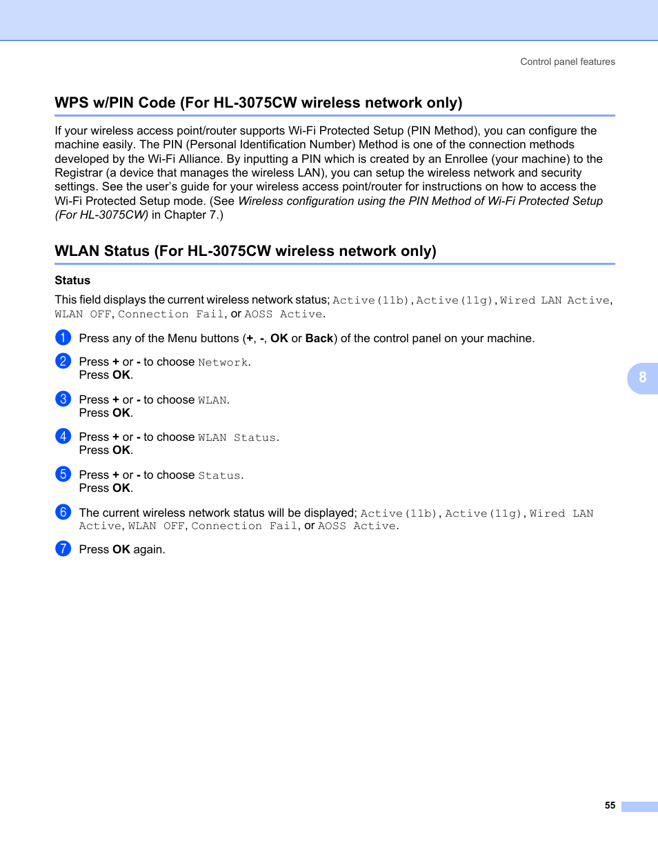 Wlan status (for hl-3075cw wireless network only) | Brother HL-3075CW User Manual | Page 65 / 143