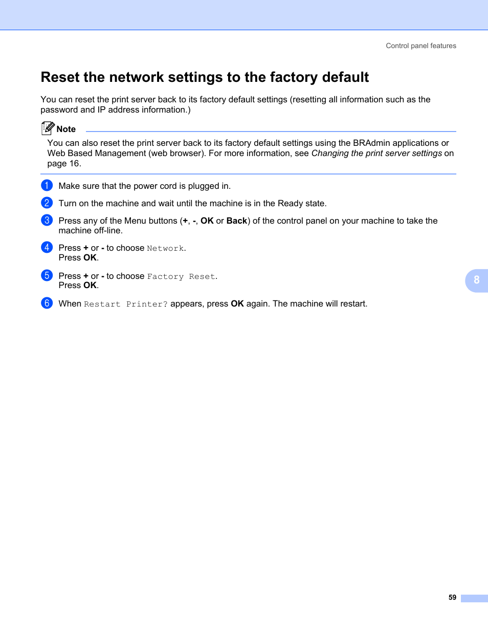 Reset the network settings to the factory default | Brother HL-3075CW User Manual | Page 69 / 143