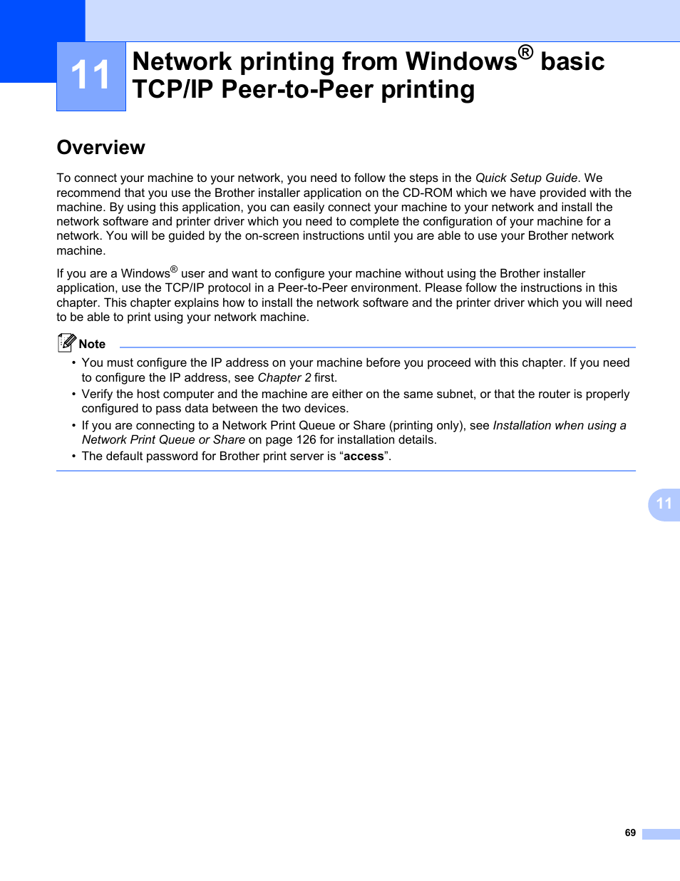 Overview, Network printing from windows, Basic tcp/ip peer-to-peer printing | Brother HL-3075CW User Manual | Page 79 / 143