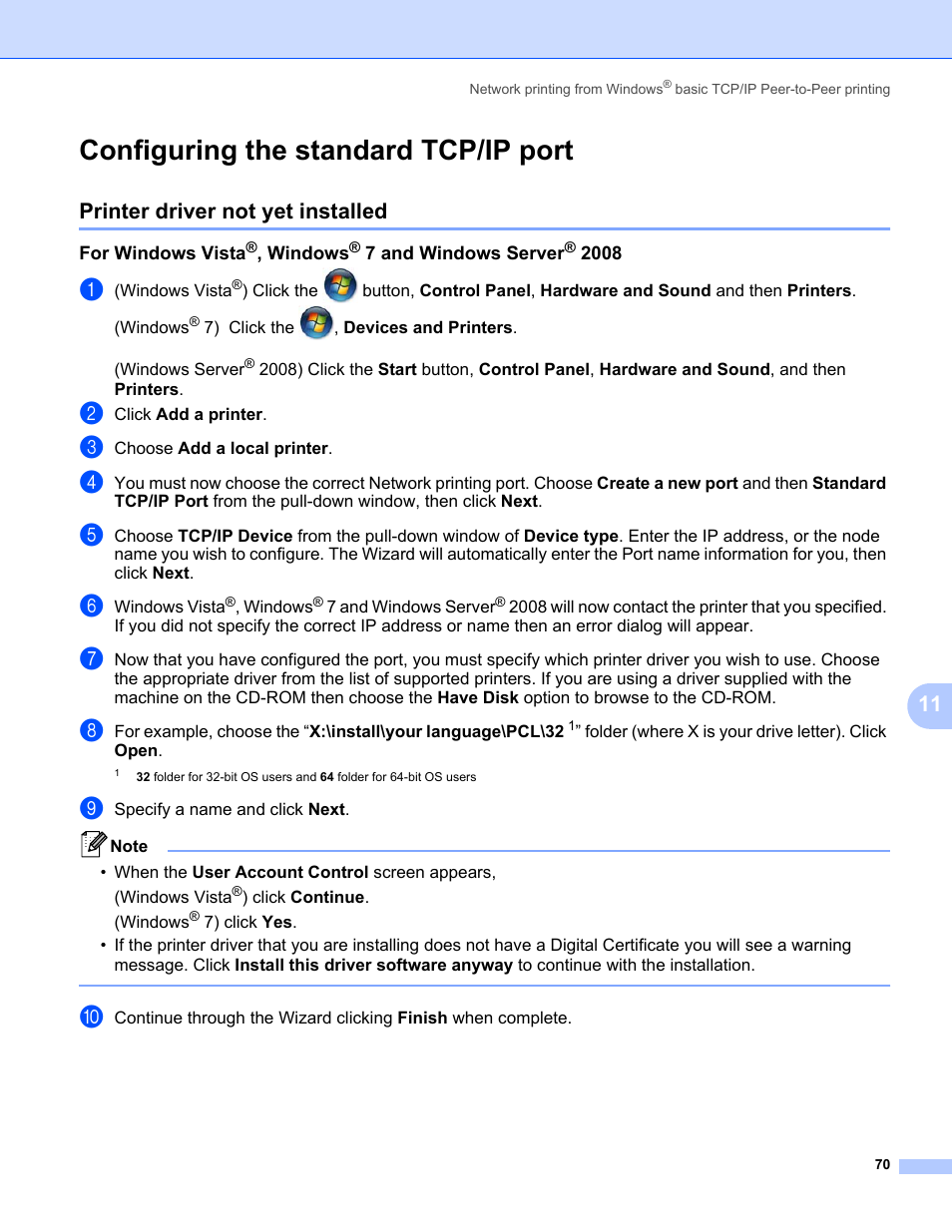 Configuring the standard tcp/ip port, Printer driver not yet installed | Brother HL-3075CW User Manual | Page 80 / 143