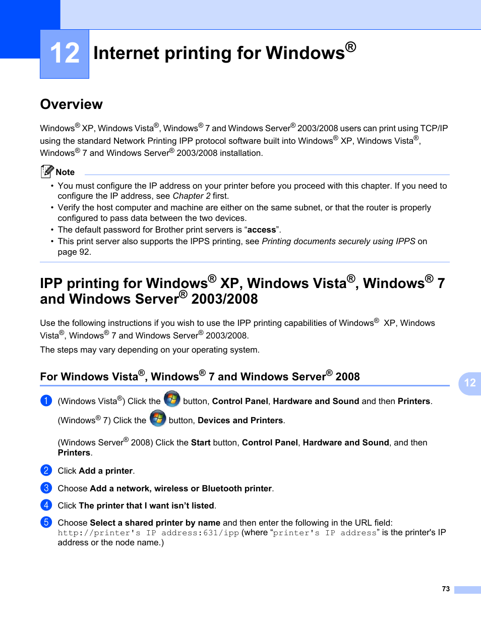 12 internet printing for windows, Overview, Internet printing for windows | Overview ipp printing for windows, Xp, windows vista, Windows, 7 and windows server, For windows vista, Ipp printing for windows, 7and windows server | Brother HL-3075CW User Manual | Page 83 / 143