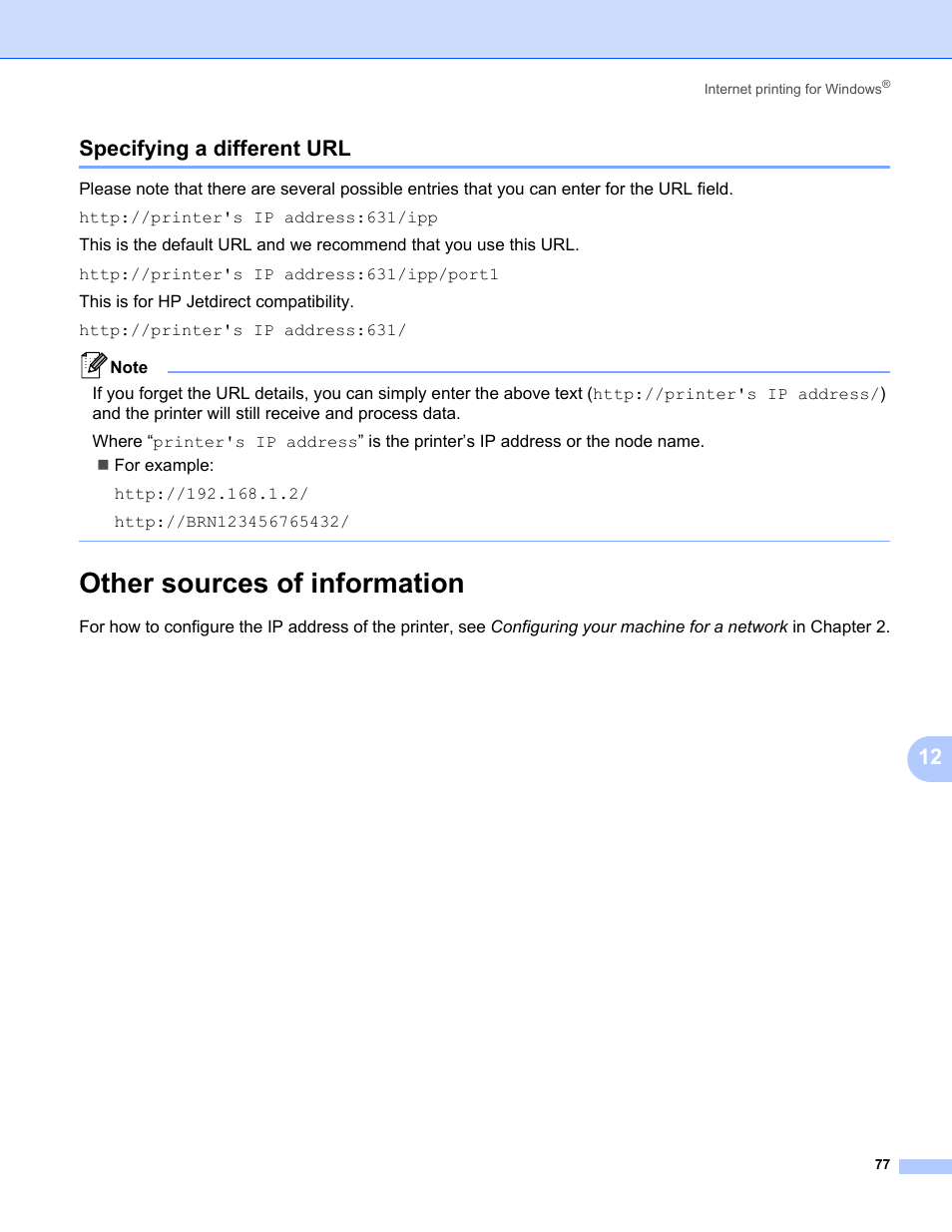 Specifying a different url, Other sources of information, 12 specifying a different url | Brother HL-3075CW User Manual | Page 87 / 143