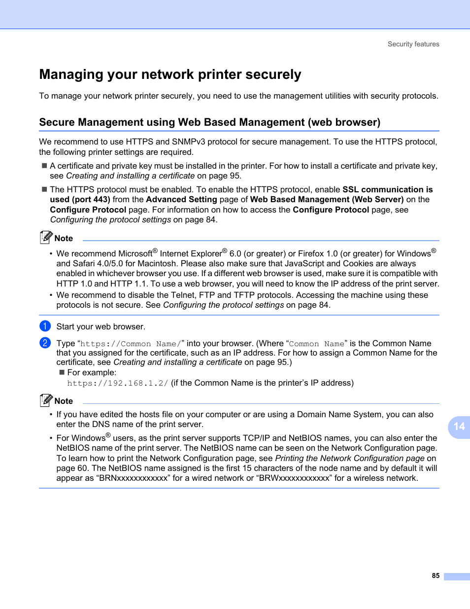 Managing your network printer securely, Ssl. see managing your network | Brother HL-3075CW User Manual | Page 95 / 143