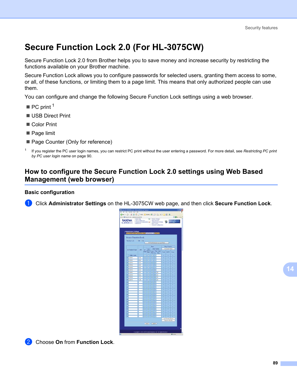 Secure function lock 2.0 (for hl-3075cw), Web browser) | Brother HL-3075CW User Manual | Page 99 / 143