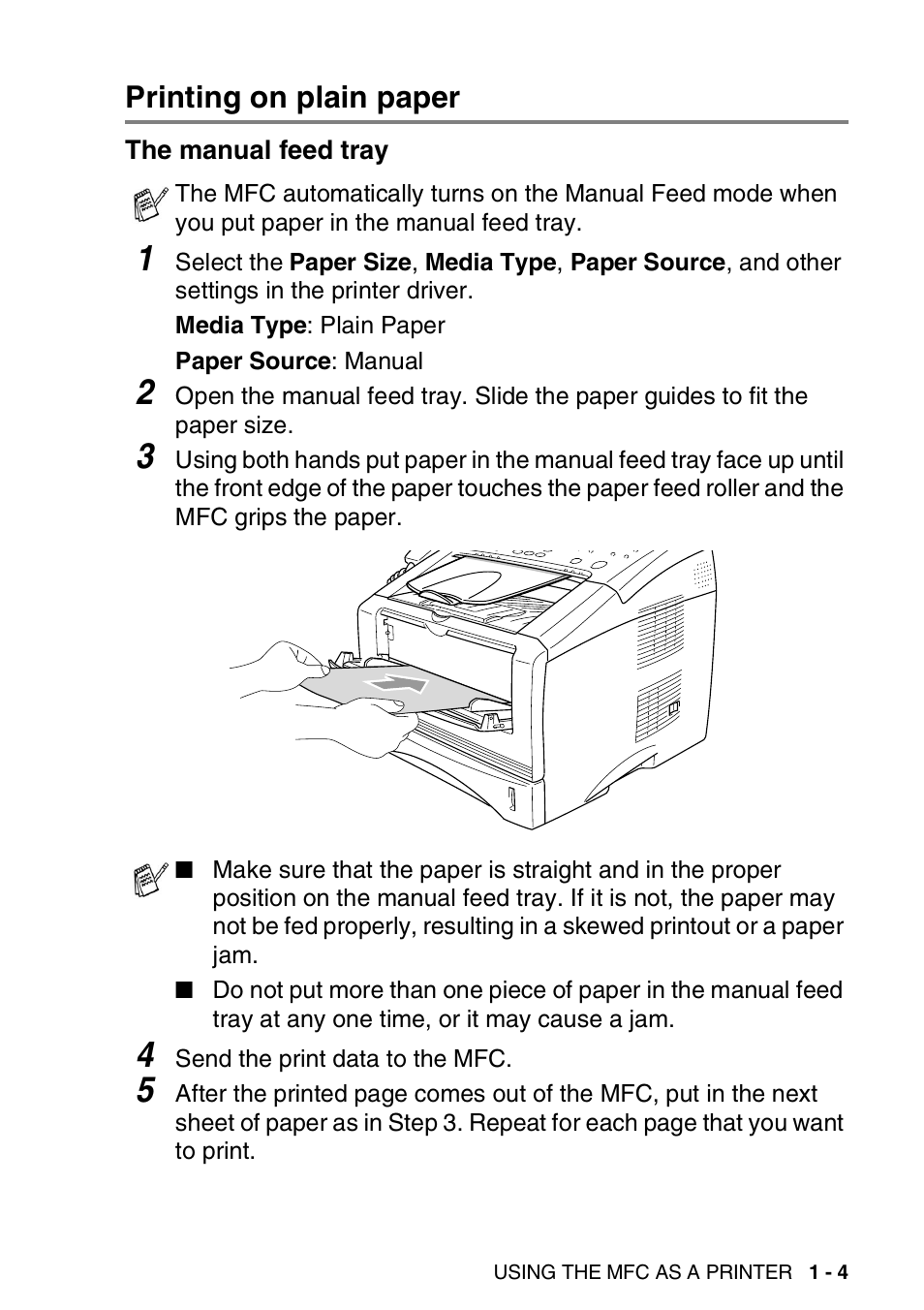 Printing on plain paper, The manual feed tray, Printing on plain paper -4 | The manual feed tray -4 | Brother MFC 8220 User Manual | Page 11 / 198