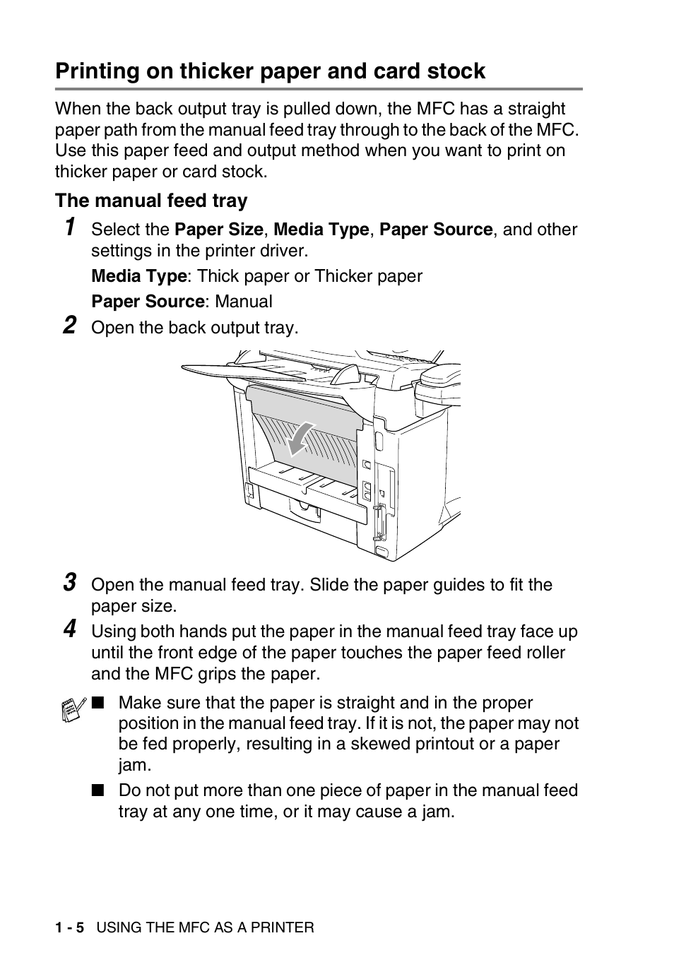 Printing on thicker paper and card stock, The manual feed tray, Printing on thicker paper and card stock -5 | The manual feed tray -5 | Brother MFC 8220 User Manual | Page 12 / 198