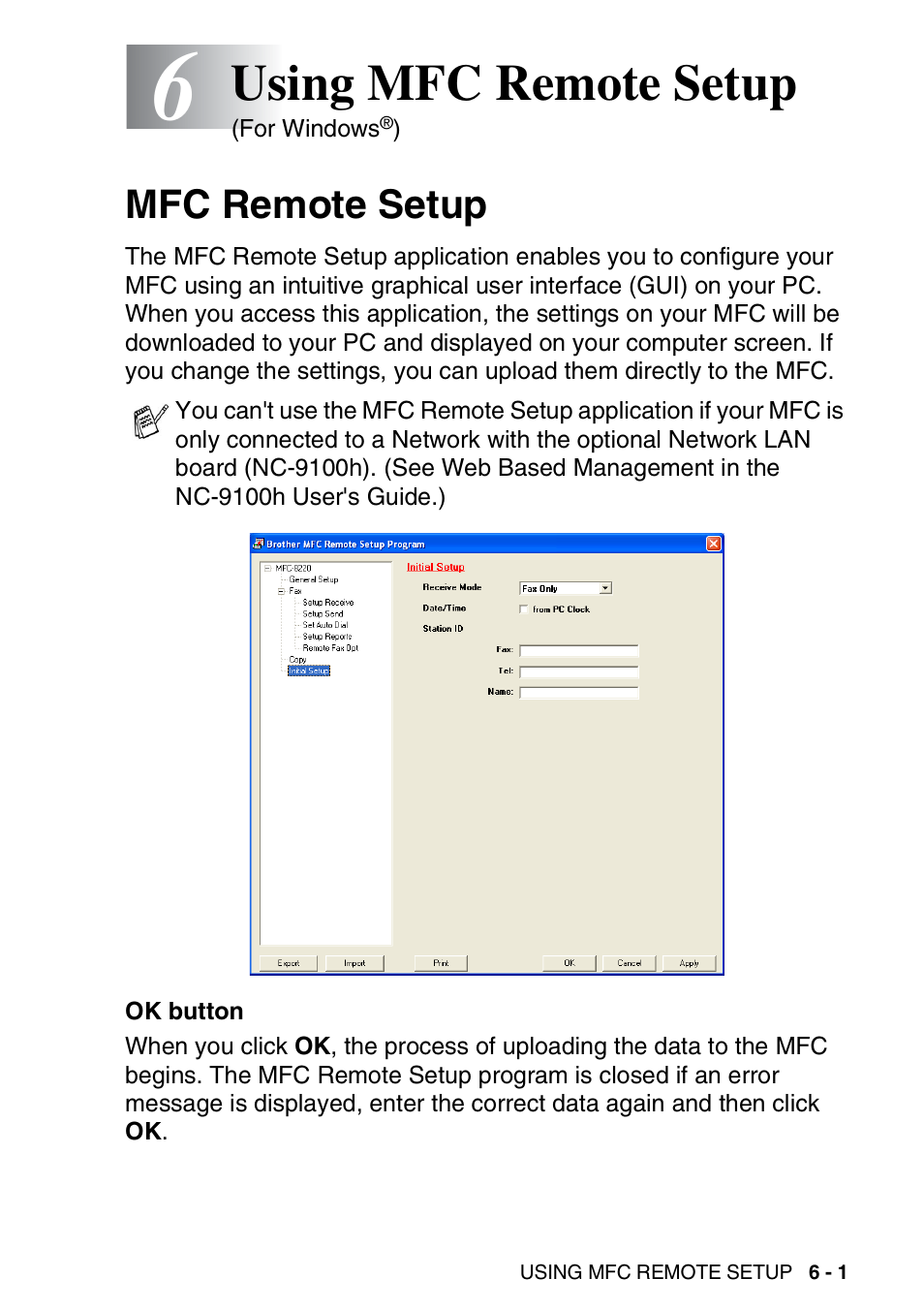 6 using mfc remote setup, Mfc remote setup, Using mfc remote setup -1 | Mfc remote setup -1, Using mfc remote setup | Brother MFC 8220 User Manual | Page 123 / 198