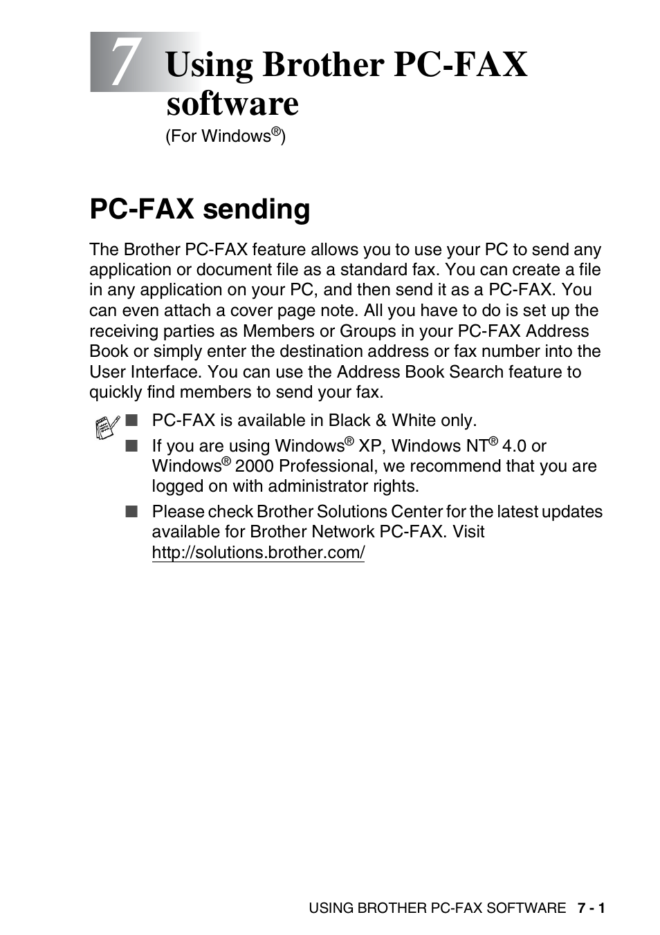 7 using brother pc-fax software, Pc-fax sending, Using brother pc-fax software -1 | Pc-fax sending -1, Using brother pc-fax software | Brother MFC 8220 User Manual | Page 125 / 198