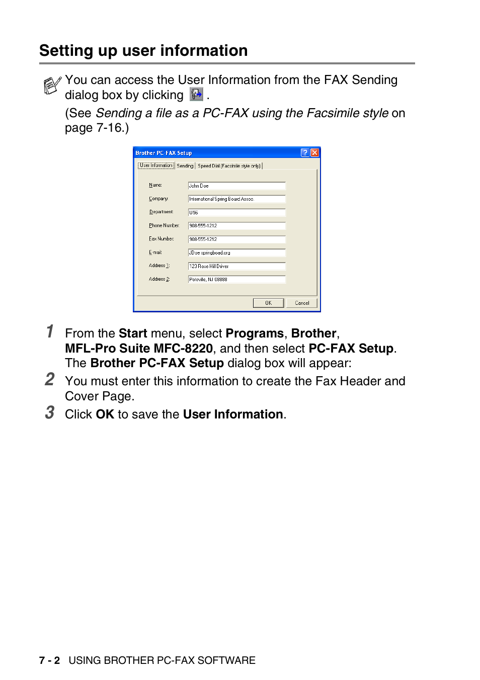 Setting up user information, Setting up user information -2 | Brother MFC 8220 User Manual | Page 126 / 198