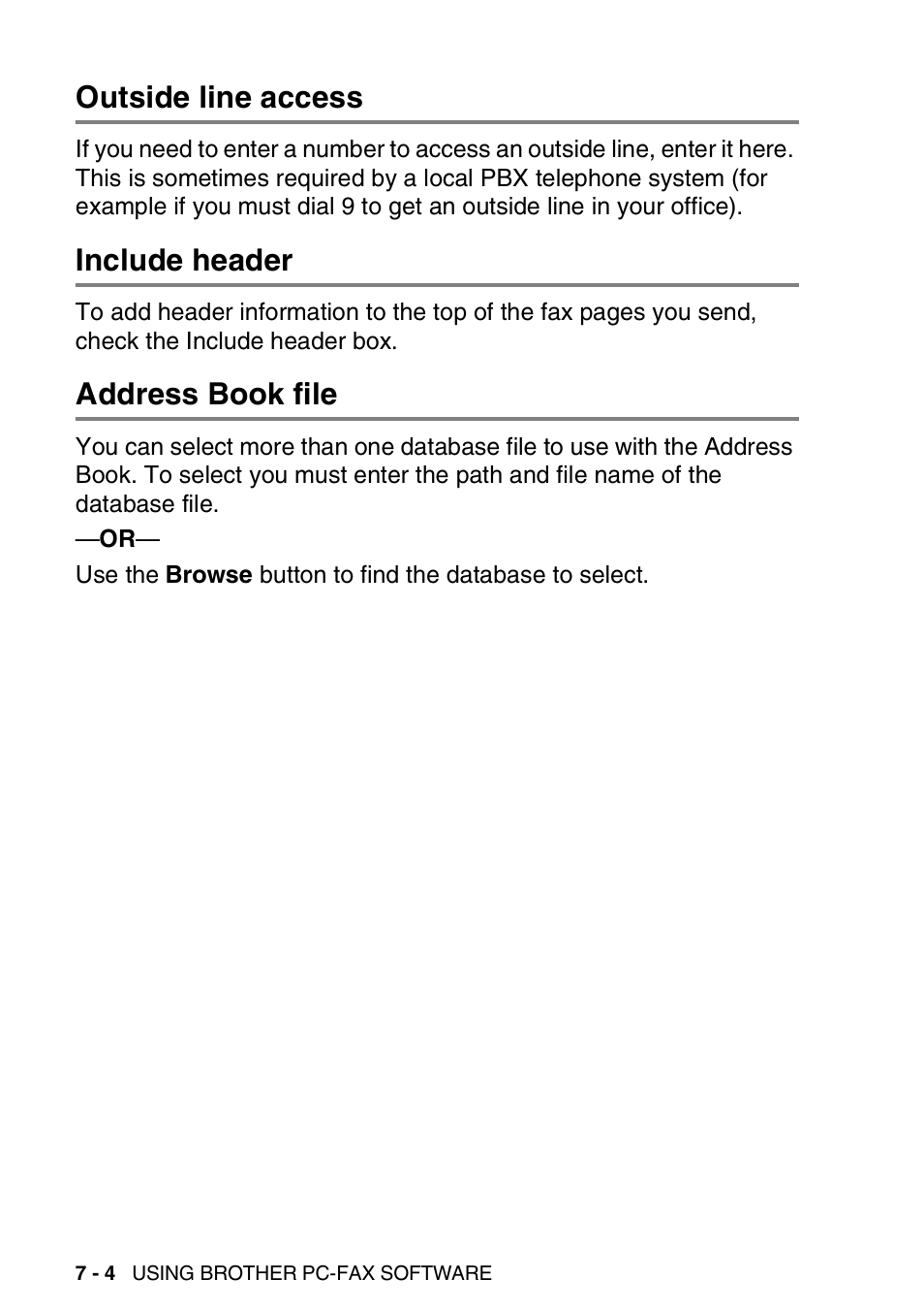 Outside line access, Include header, Address book file | Brother MFC 8220 User Manual | Page 128 / 198