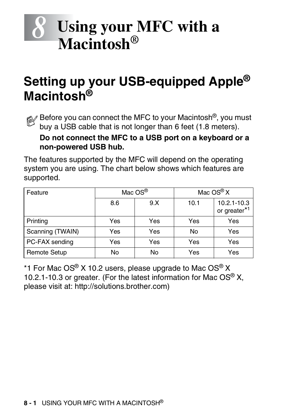 8 using your mfc with a macintosh, Setting up your usb-equipped apple® macintosh, Using your mfc with a macintosh | Setting up your usb-equipped apple, Macintosh | Brother MFC 8220 User Manual | Page 152 / 198