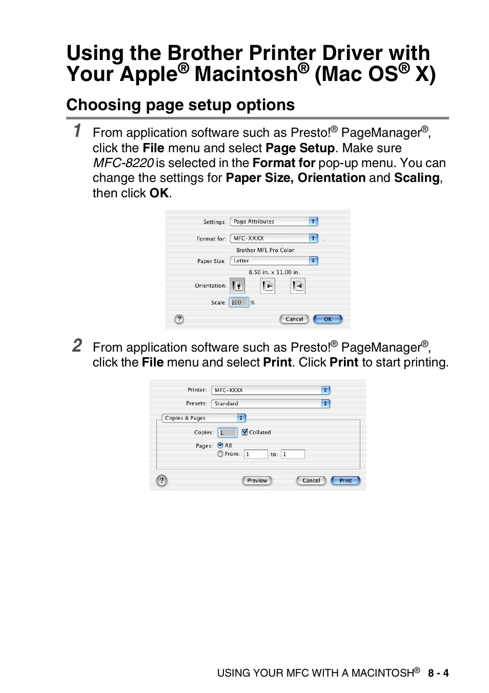 Using the brother printer driver with your apple, Macintosh, Mac os | X) -4, Choosing page setup options | Brother MFC 8220 User Manual | Page 155 / 198