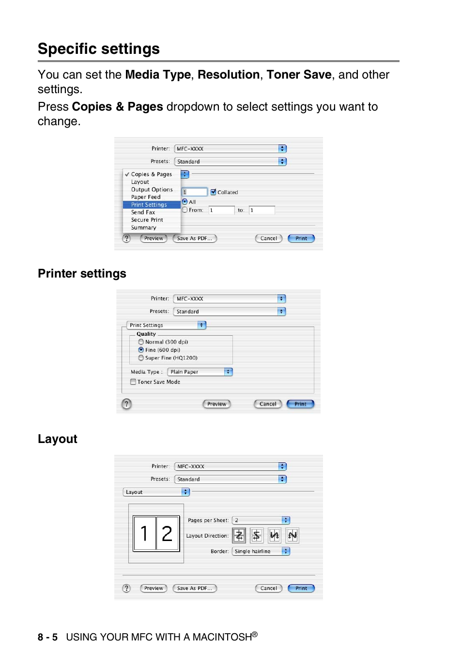 Specific settings, Specific settings -5 | Brother MFC 8220 User Manual | Page 156 / 198