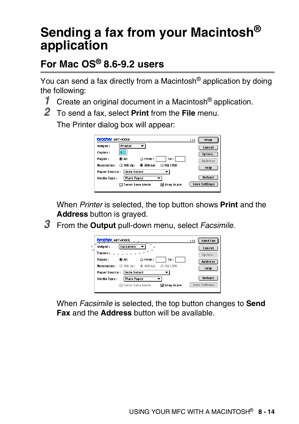 Sending a fax from your macintosh® application, For mac os® 8.6-9.2 users, Sending a fax from your macintosh | Application -14, For mac os, 9.2 users -14, Application, 9.2 users | Brother MFC 8220 User Manual | Page 165 / 198