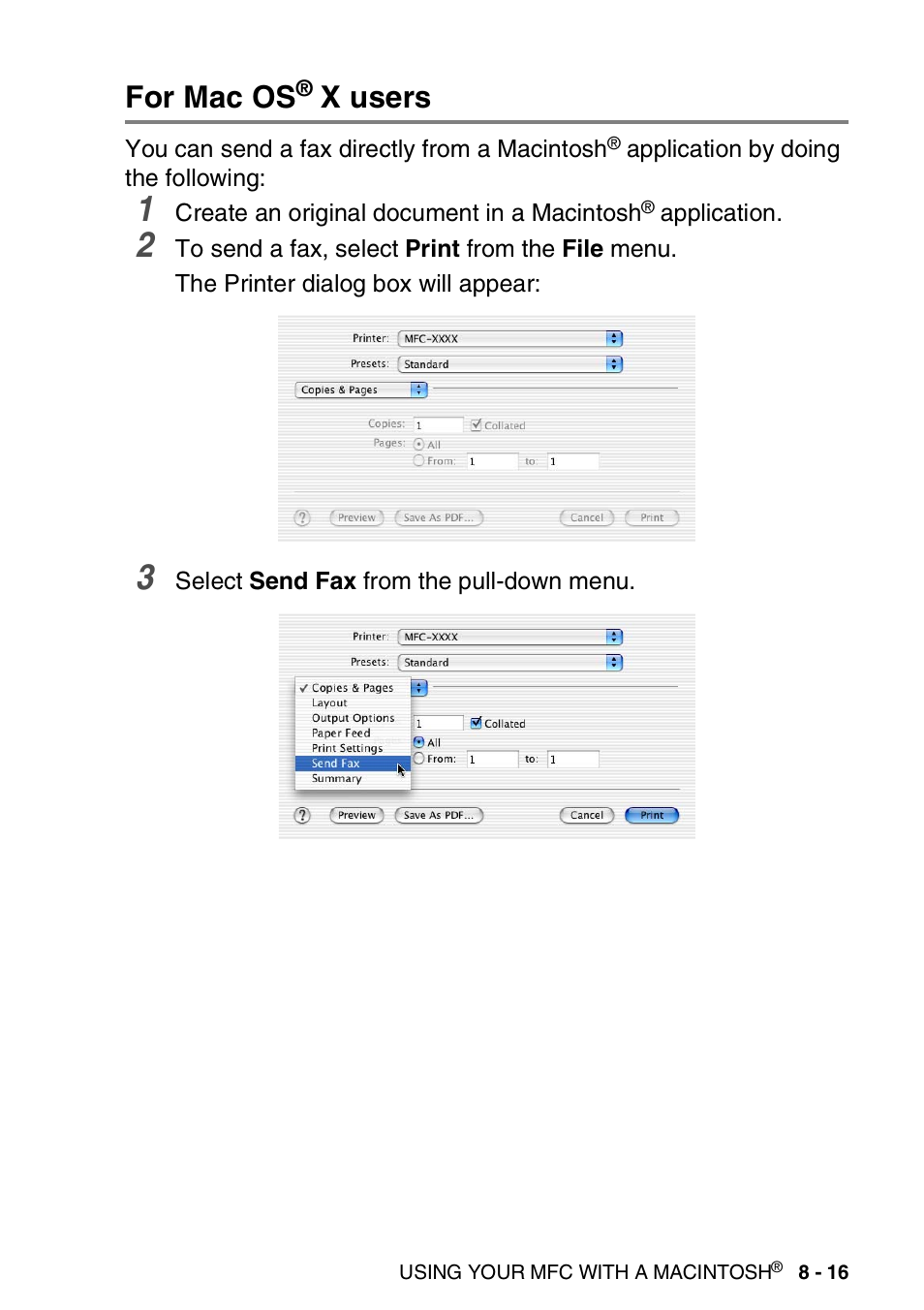 For mac os® x users, For mac os, X users -16 | X users | Brother MFC 8220 User Manual | Page 167 / 198