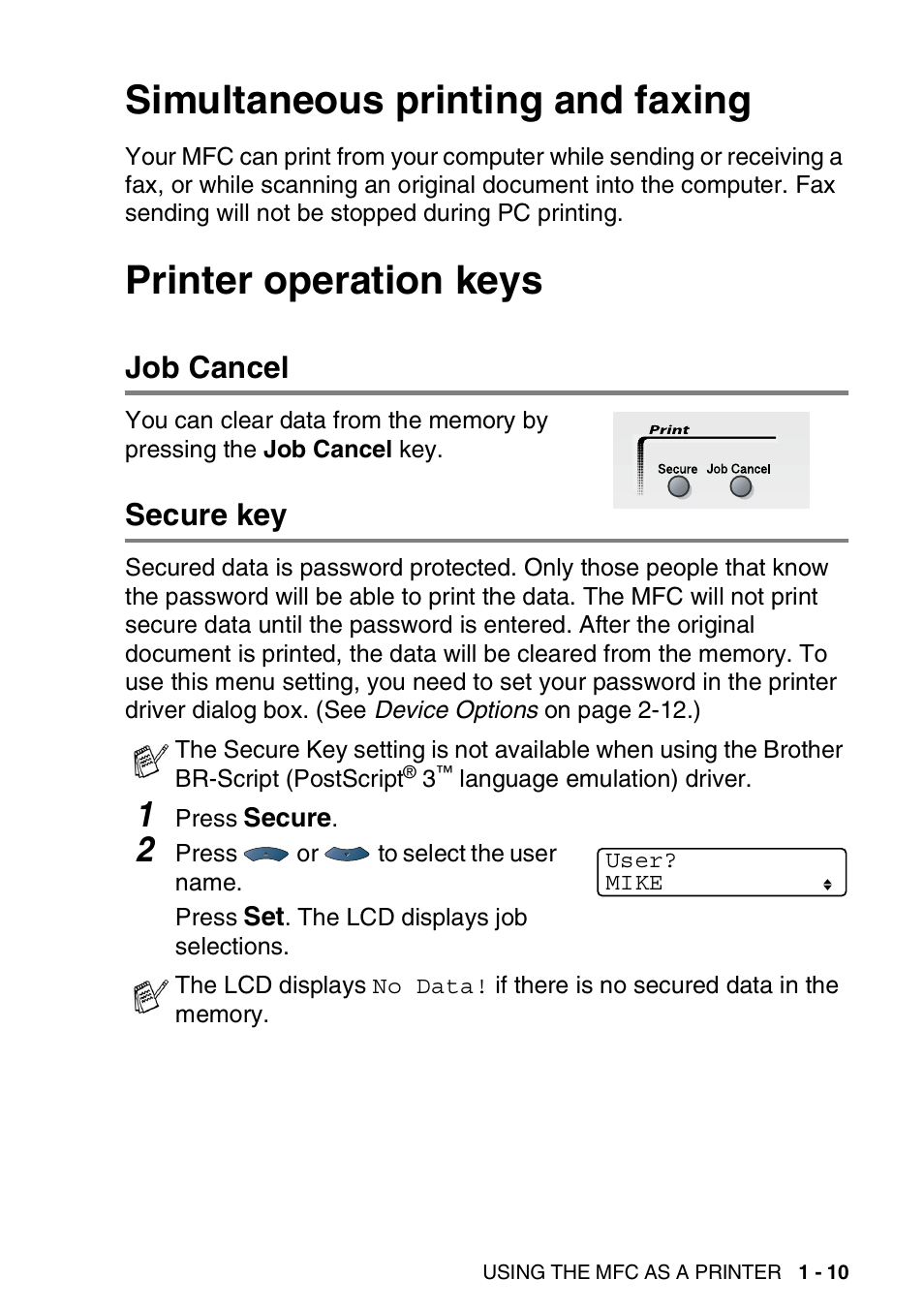 Simultaneous printing and faxing, Printer operation keys, Job cancel | Secure key, Job cancel -10 secure key -10 | Brother MFC 8220 User Manual | Page 17 / 198