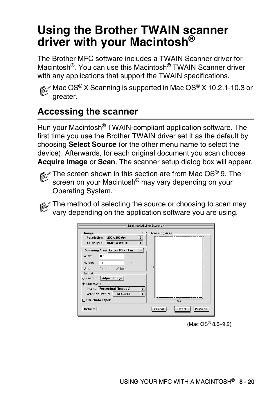 Accessing the scanner, Using the brother twain scanner driver with your, Macintosh | Accessing the scanner -20 | Brother MFC 8220 User Manual | Page 171 / 198