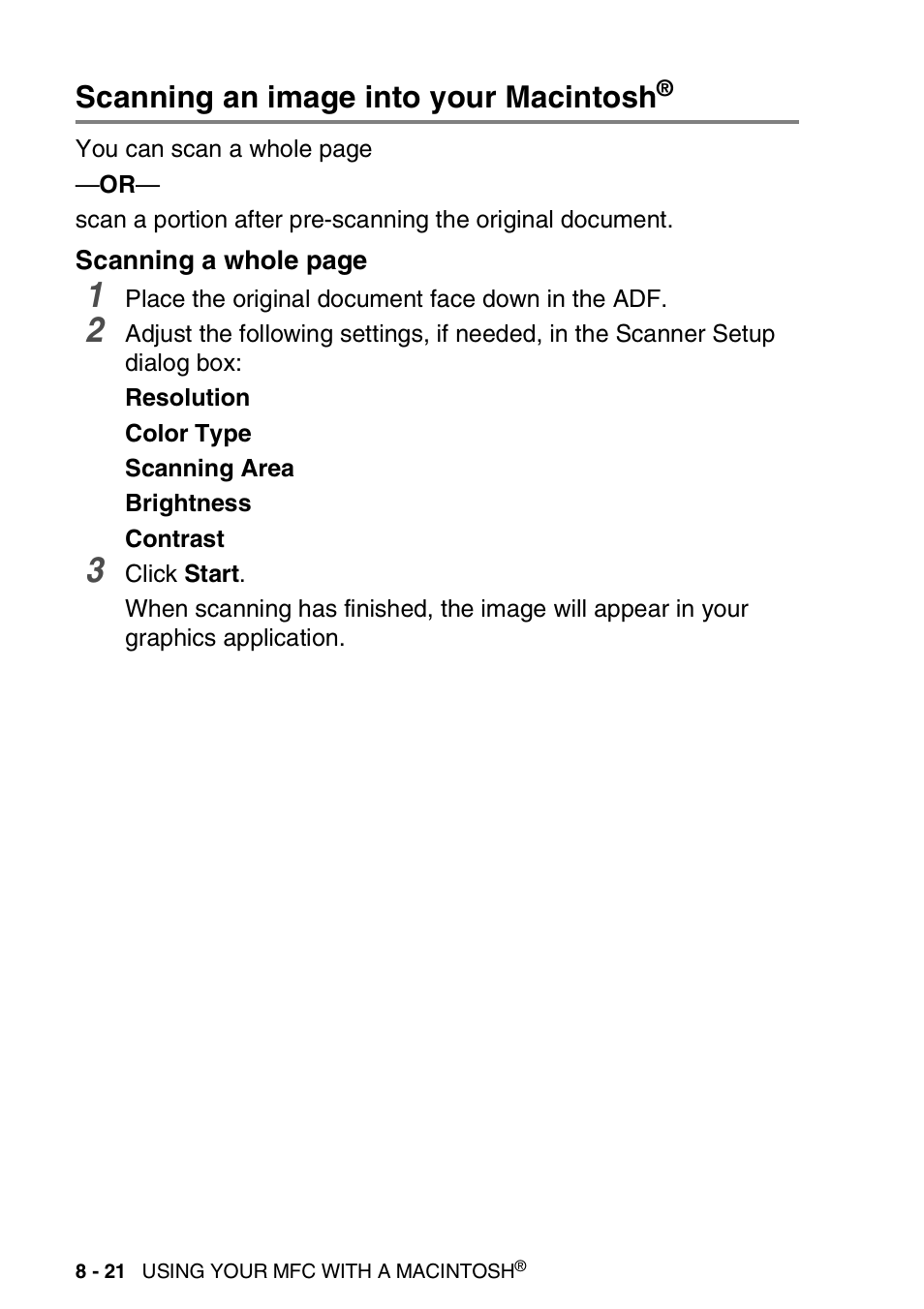 Scanning an image into your macintosh | Brother MFC 8220 User Manual | Page 172 / 198
