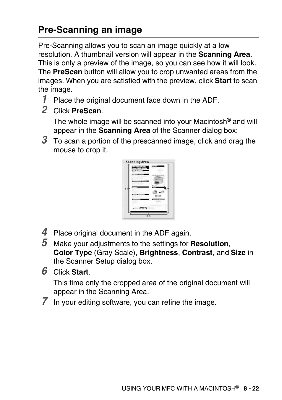 Pre-scanning an image, Pre-scanning an image -22 | Brother MFC 8220 User Manual | Page 173 / 198