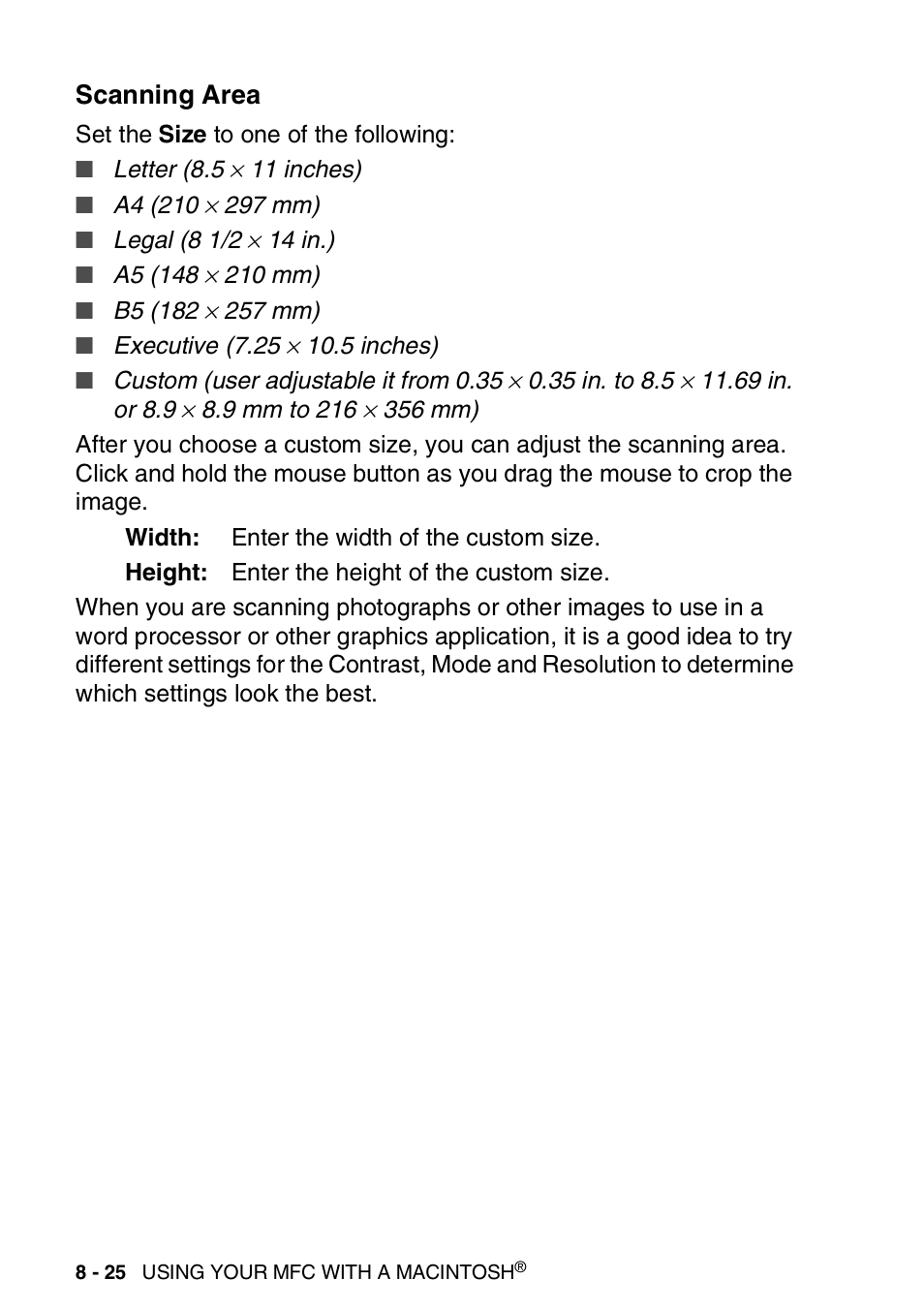 Scanning area, Business card size, Scanning area -25 adjusting the image -26 | Brother MFC 8220 User Manual | Page 176 / 198